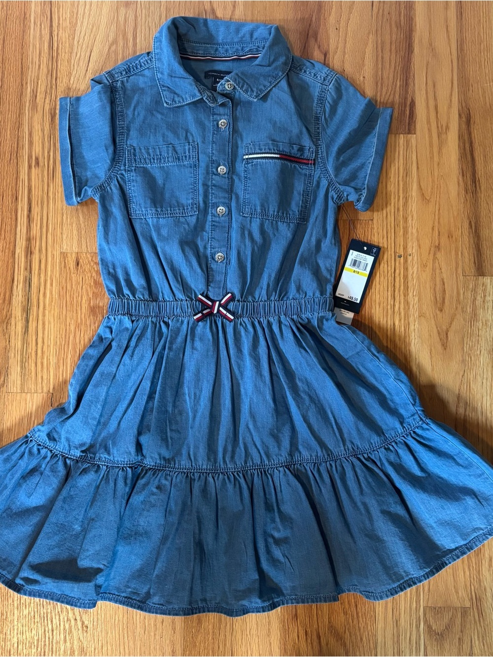 NWT Tommy Hilfiger Girls' Blue Chambray Shirt Dress with Ribbon Accent